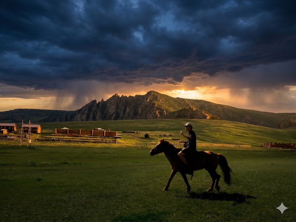 Horse riding on the Mongolian steppe