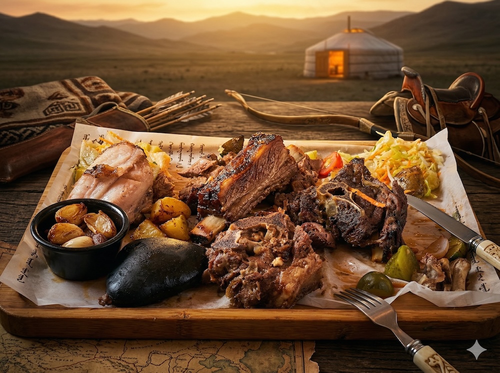 Traditional Mongolian feast with bio meat